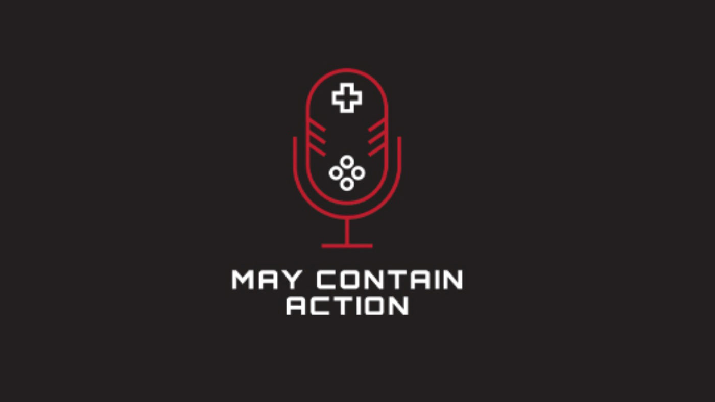Black background with a red microphone that reads May Contain Action