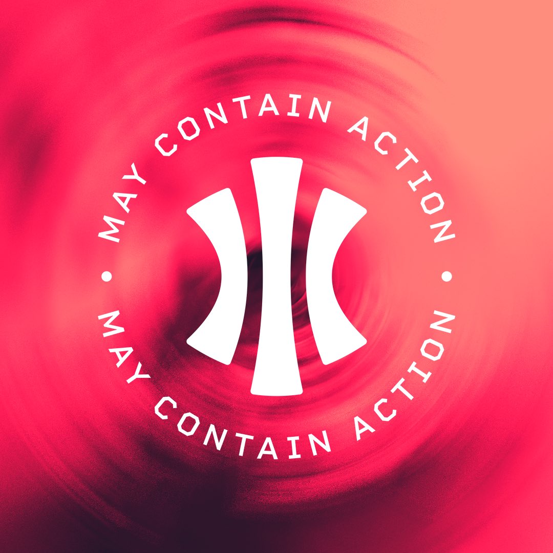 Red and Black circle and spotted background as the new May Contain Action Podcast graphic